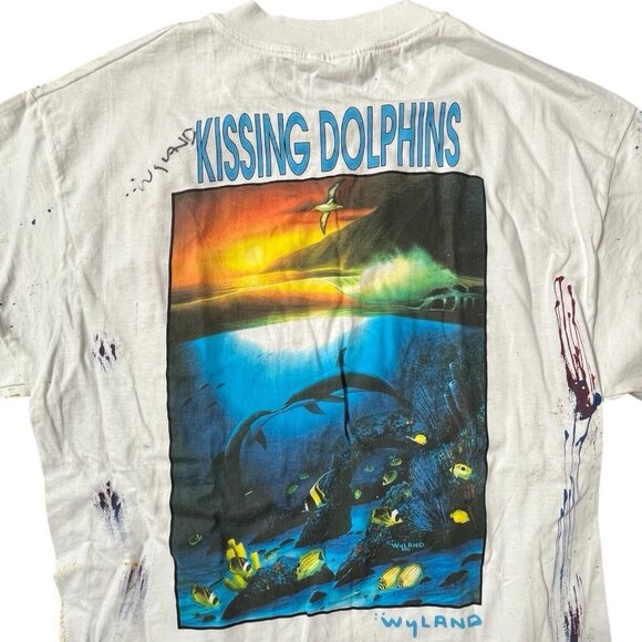 1990 Wyland Studios Kissing Dolphins Men's T-Shirt Hand Signed Painted Large VTG - Picture 2 of 12